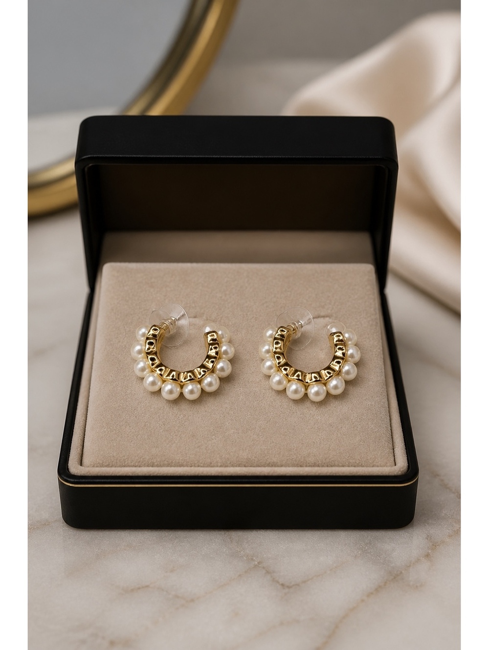 Avon Gold Tone Faux Pearl Half Hoop Stud Earrings Textured Post Back